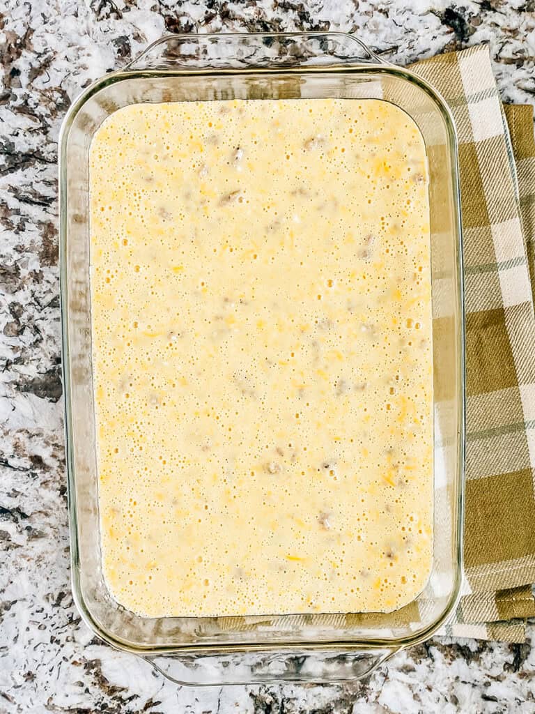 The McGriddle Inspired batter in a 9x13-inch baking dish.