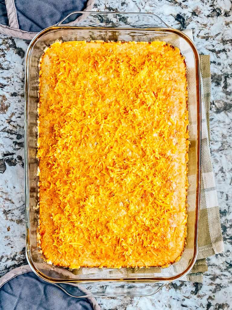 The Baked McGriddle casserole with the rest of the shredded cheese on top.