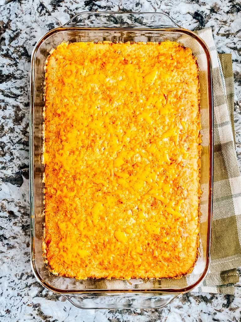 The completely bake McGriddle-inspired Breakfast Bake with melted cheese on top.