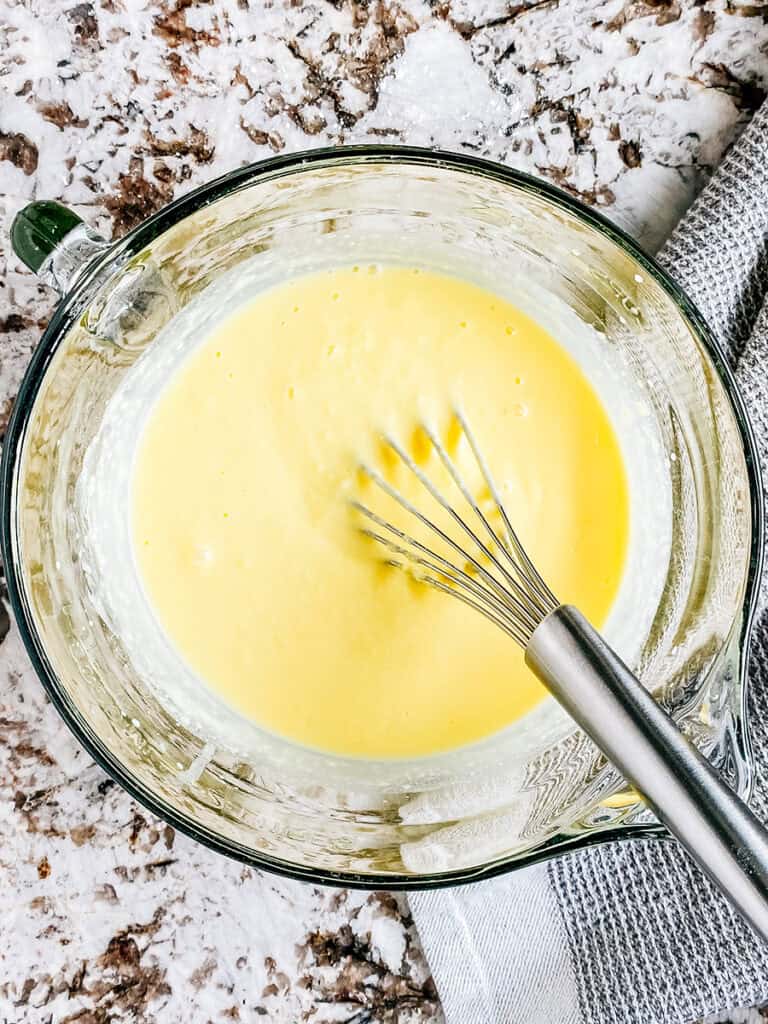 Whisked lemon pudding ready to chill and set.