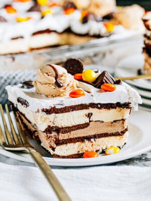 A slice of the best peanut butter ice cream sandwich cake that features layers of amazing ice cream sandwiches, creamy peanut butter, hot fudge topping, Reese's pieces, Reese's ice cream, and mini peanut butter cups.