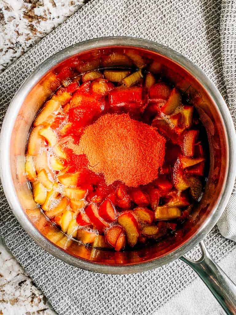 The strawberry jell-o added to the cooked rhubarb.