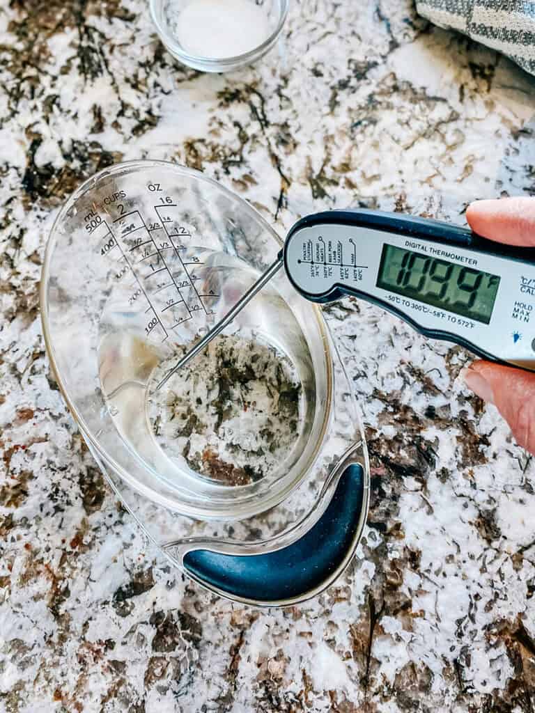 Testing water temperature with a digital thermometer.