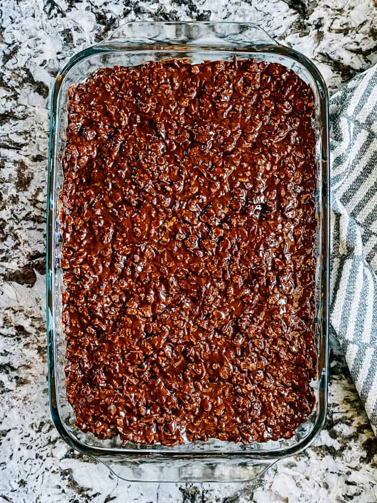 A completely pan of Peanut Butter Chocolate Rice Krispies Marshmallow Brownies ready to chill, cut, and eat.