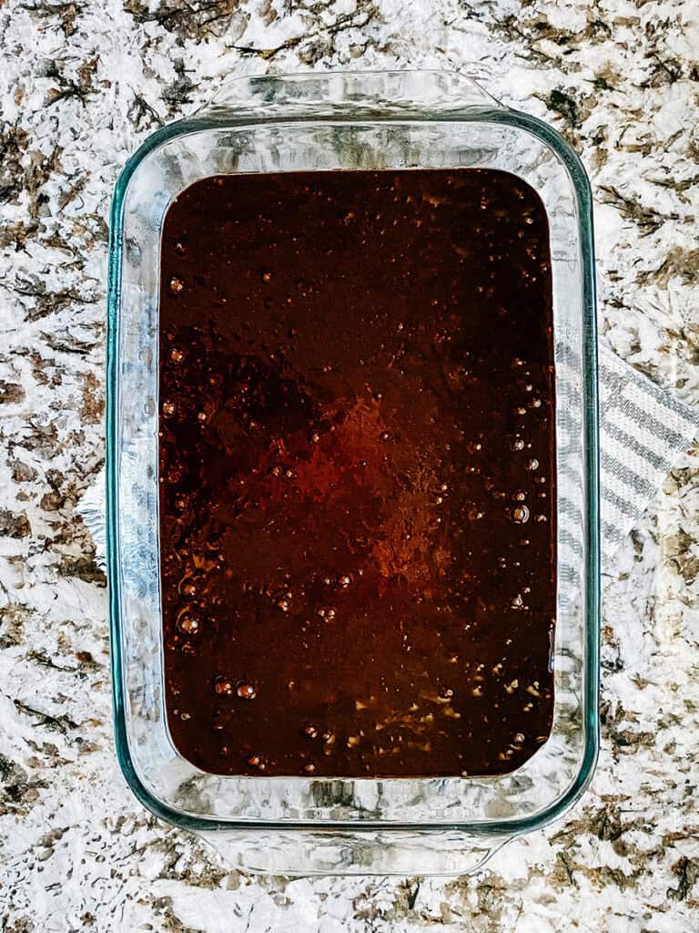 9x13-inch brownie mixed according to the box directions and ready to be baked.