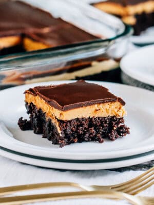 A completely cool and delicious buckey brownies with decadent layers of fudge brownie, peanut butter filling, and chocolate topping.