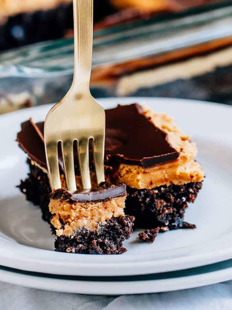 Another bite of this popular brownie dessert. Buckeye brownies combine fudge brownies, peanut butter filling, and hardened chocolate top for a delight of the sense and tastebuds!