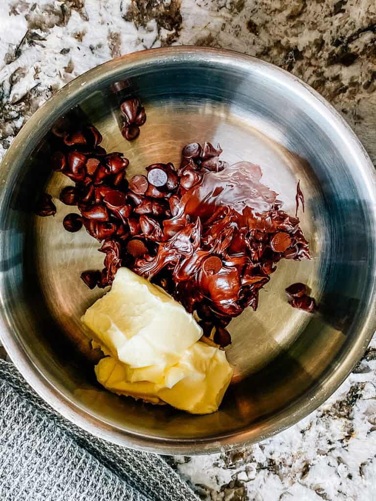 Butter and semi-sweet chocolate chips in a small sauce pan.