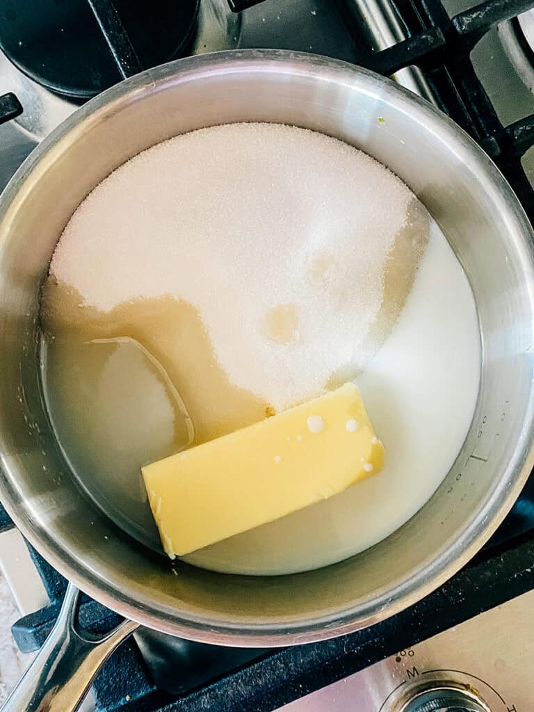 Sugar, milk, butter in a large saucepan.