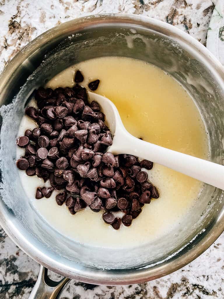 Chocolate chips added to the sugar mixture.