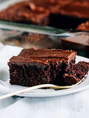 Plated zucchini brownies topped with a one-minute frosting for the BEST frosted zucchini brownies.