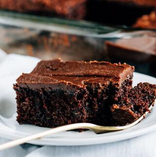Plated zucchini brownies topped with a one-minute frosting for the BEST frosted zucchini brownies.