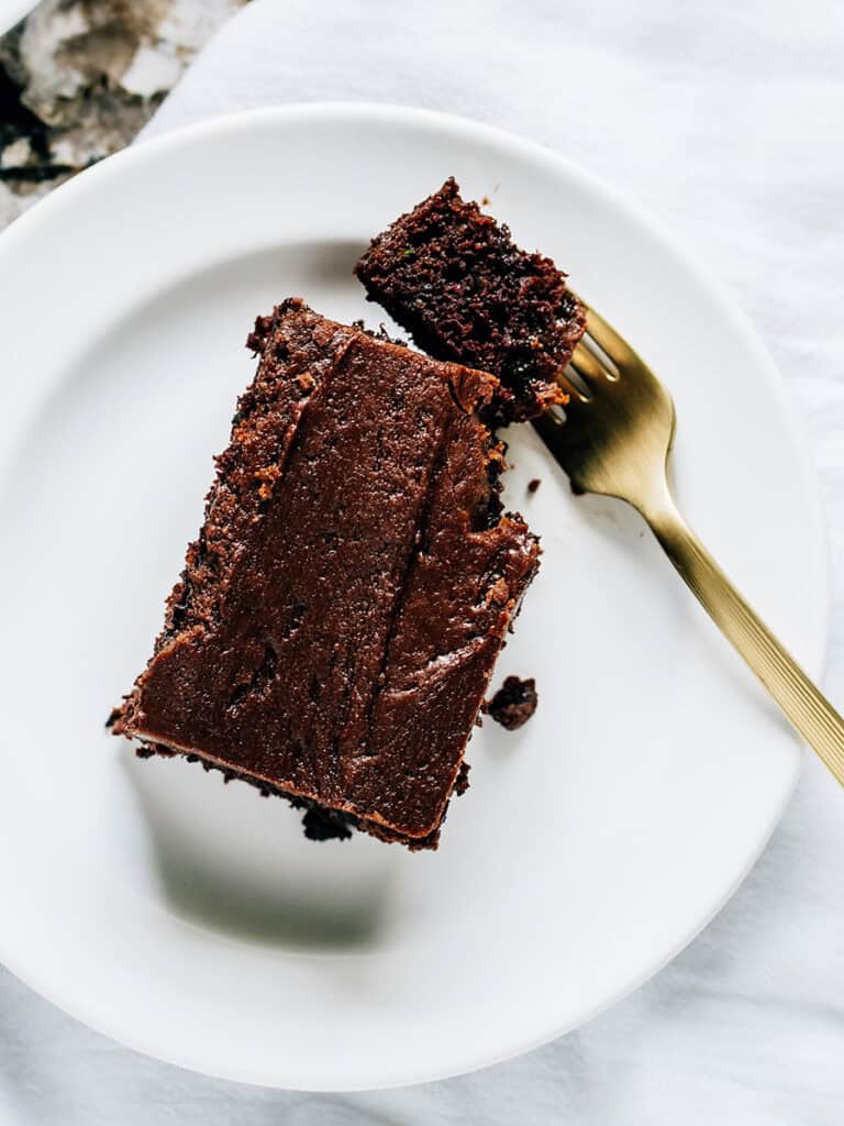 The top view of these zucchini brownies showing off the rich one-minute frosting.