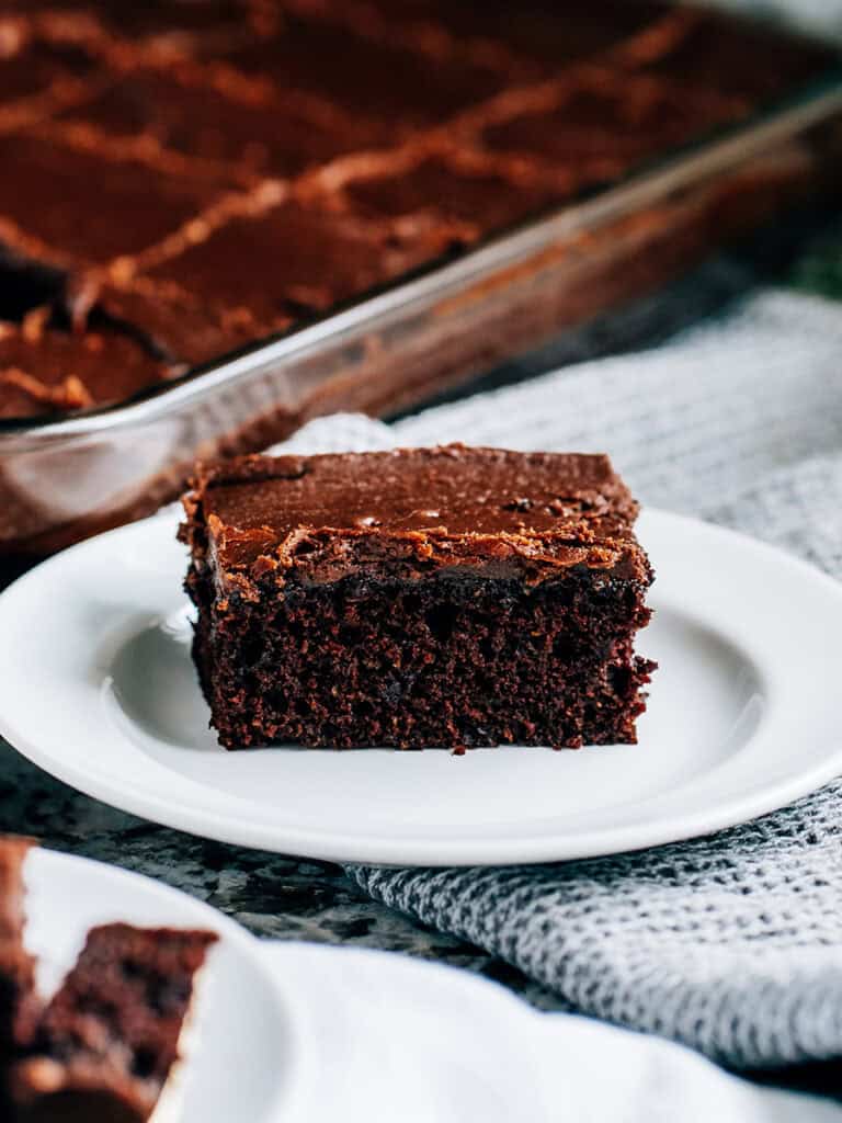 Completely yummy old-fashion zucchini brownie plated and ready to be served.