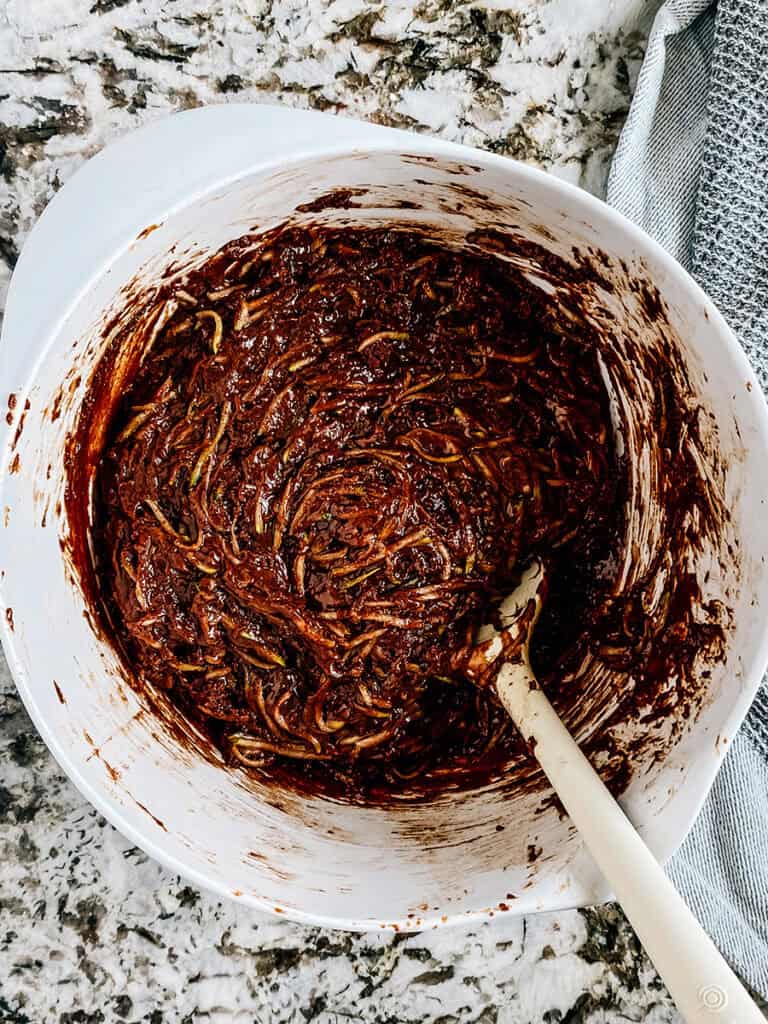 Completely mixed zucchini batter for homemade brownies.